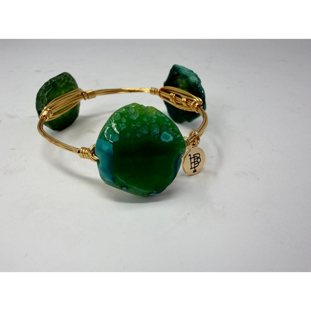 Bourbon & Boweties Green Agate Gold Wire Wrapped Bangle Bracelet Stone Trio - Picture 3 of 6